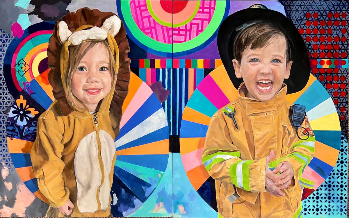 A oil painting of two little kids
