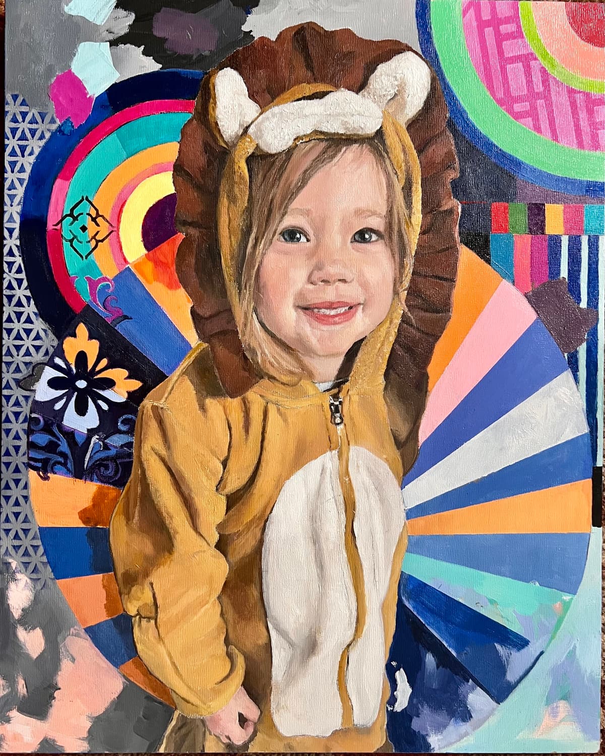 A oil painting of a little girl dressed as a bear