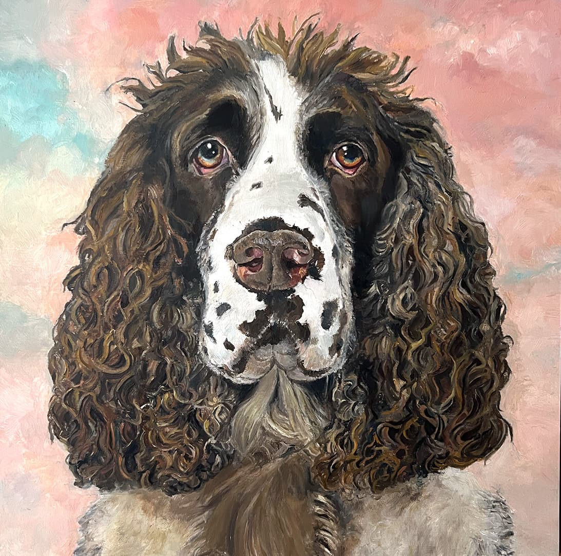 A oil painting of a dog with long brown curly hair