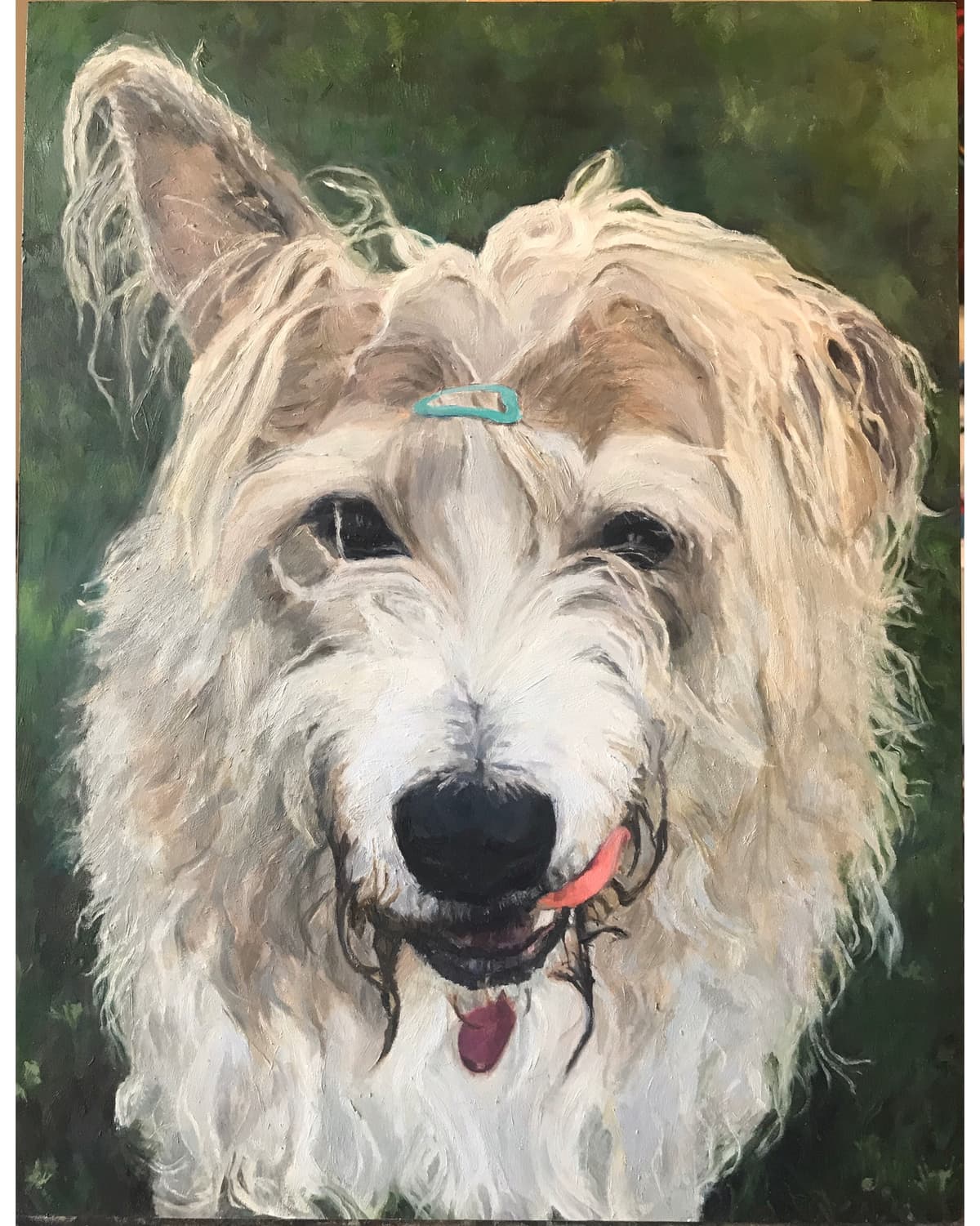 A oil painting of a dog with a floppy ear
