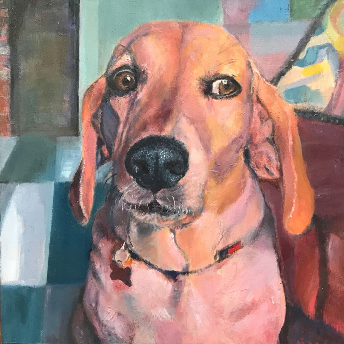 A oil painting of a dog with a unique exspression