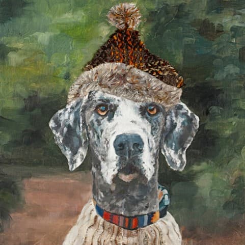 A oil painting of a dog with a hat