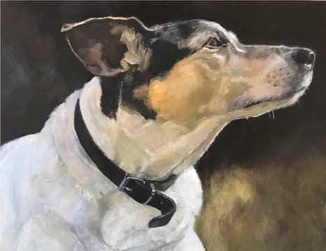 A oil painting of a dog looking sideways