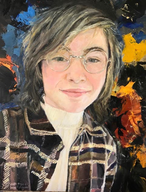 An oil painting of a person with glasses