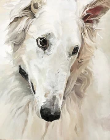 An oil painting of a white dog