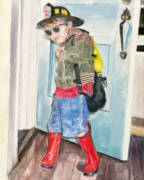 A painting of a boy dressed as a firefighter 
