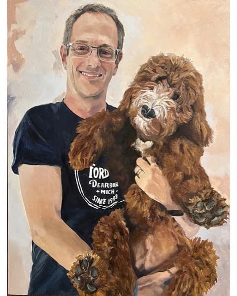 A painting of a man holding a brown dog