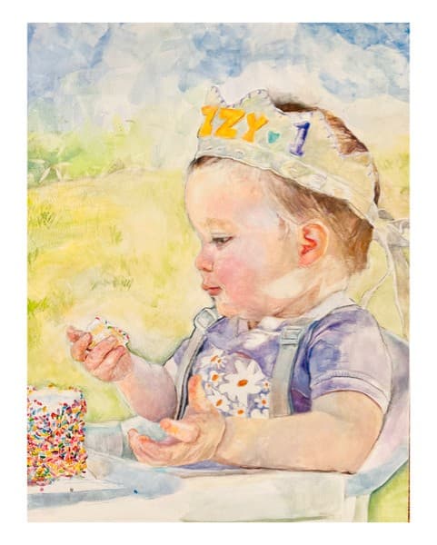 A painting of a baby eating birthday cake