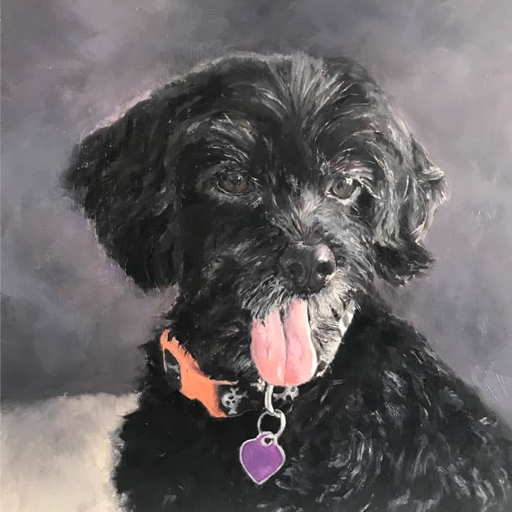 A painting of a dog with tongue out