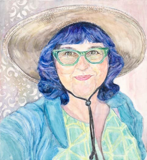 A picture of a woman with blue hair in a sunhat