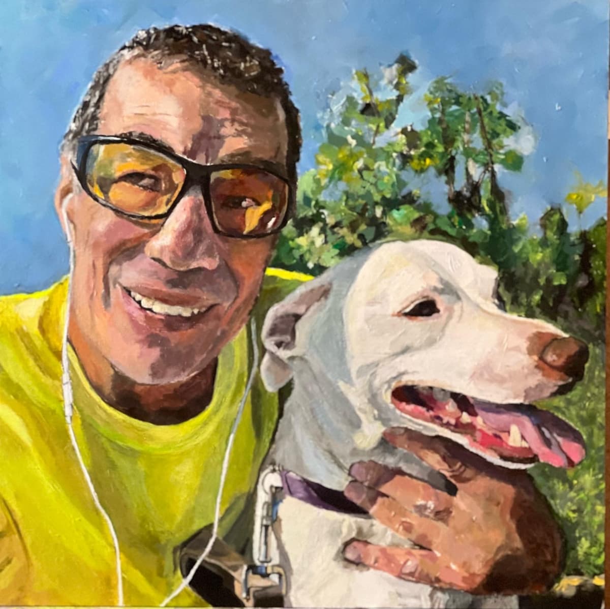 A painting of a man holding a White Dog