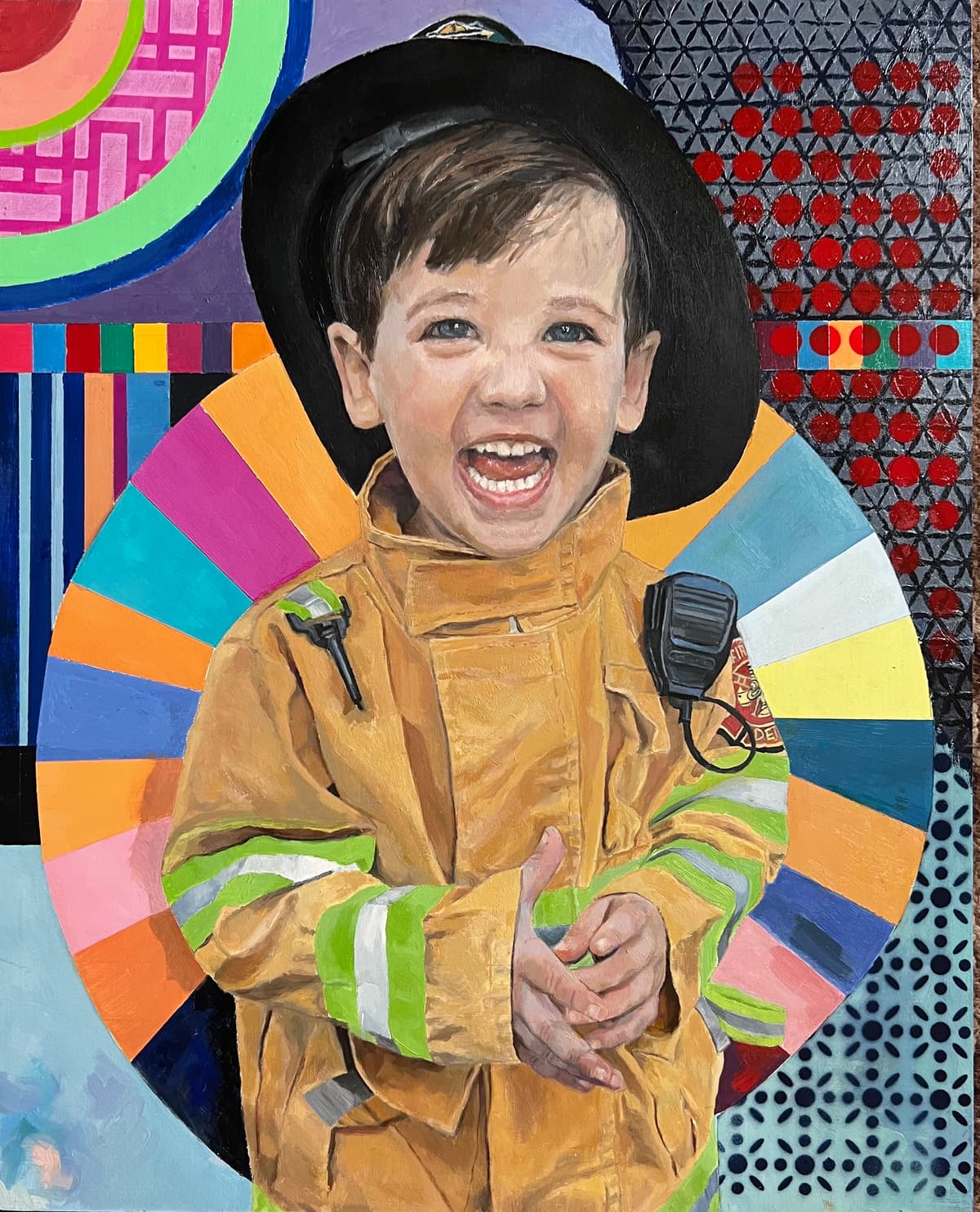 A painting of a little kid dressed as a firefighter