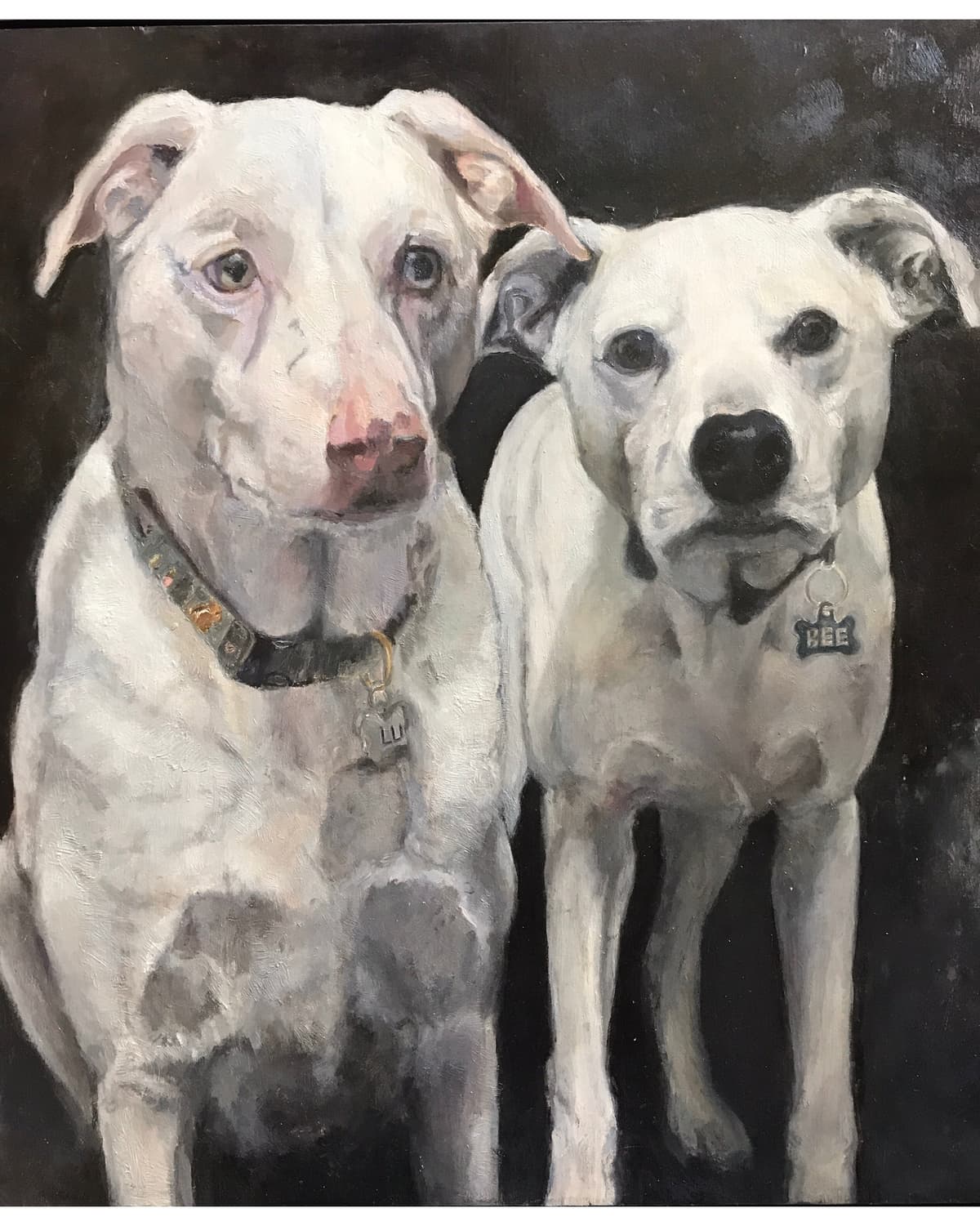 A oil painting of two white dogs